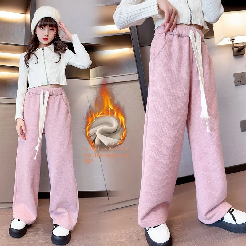 

Girls' plush casual pants 2022 autumn and winter new style girls' thick mopping sports pants children's wide leg pants