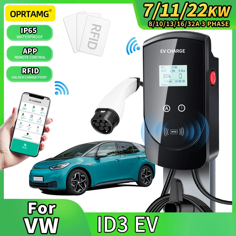 

For Volkswagen VW ID3 EV 2006 2010 2013-2022 16A 32A 1 3 Phase 80V 7KW 11KW 22KW With EV Car Type2 Type1 Charger Charging Cable