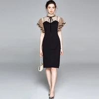 fashion woman office ladys midi slim knee length pencil black dress sexy casual elegant o neck short sleeve solid dress 2022