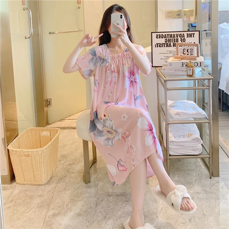 Short-sleeved Cotton Silk Nightdress Women's Spring and Autumn Summer Thin Section Pajamas Home Skirt Sweet Plus Size