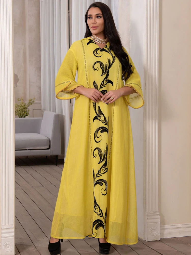 Вышивка Djellaba имитация льна для женщин Jalabiya рукава-лепестки Саудовский Дубай арабское платье мусульманская ИД вечерние няя абайя джаклаба
