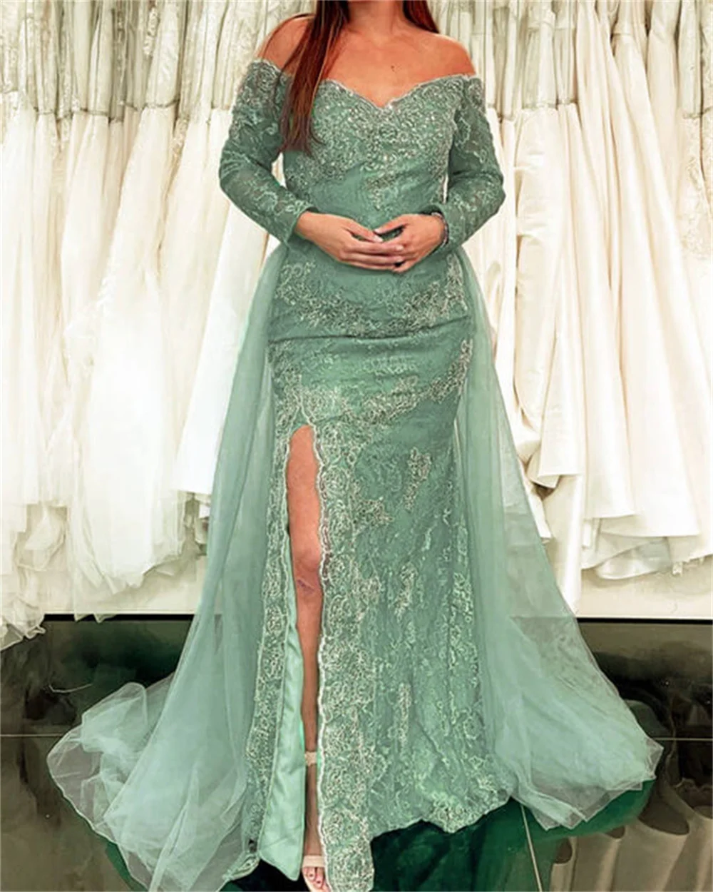 

Mermaid Green Lace Applique Beaded Dress with Long Sleeve 2023 Ladies Elegant Formal Occasion Prom Dress Floor Length