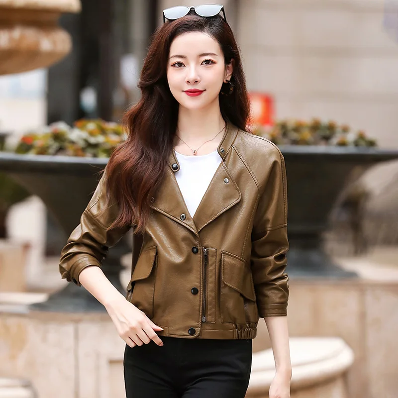 New Women Casual Leather Jacket Spring Autumn 2022 Fashion Stand Collar Zipper Short Sheepskin Coat Loose Moto&Biker Jacket