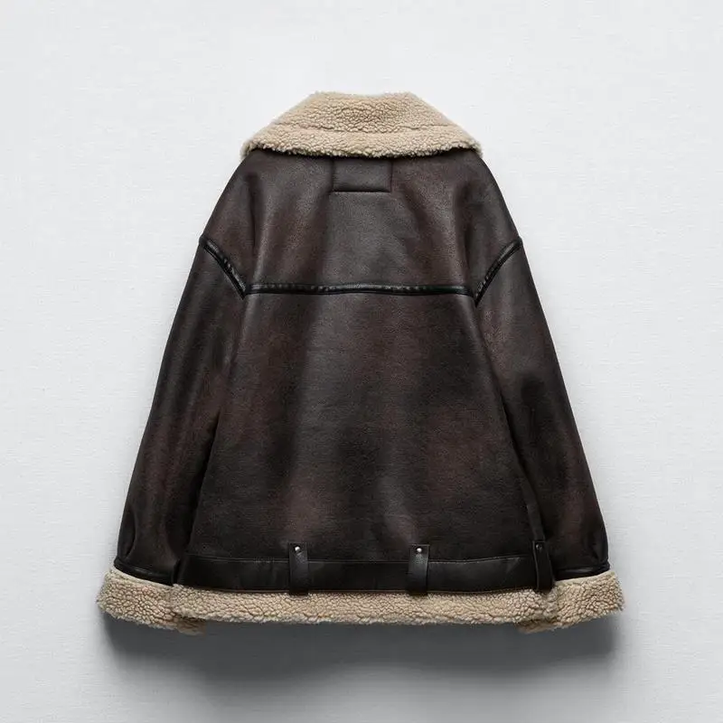 Autumn Winter Woman Faux Suede Lambswool Leather Jacket Coat Warm Long Sleeve Belt Loose Zipper Motorcycle Outerwear