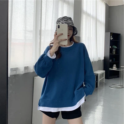 

A Ladies Spring and Autumn Round Neck Lazy Fake Two Pieces Loose Mid-length Trendy Round Neck Top