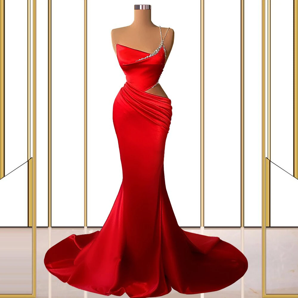 

Red Prom Dress 2022 Satin Sparkly One Shoulder Mermaid Prom Gown Long Asymmetrical Neck Pleat Sexy Party Dresses for Women Bead