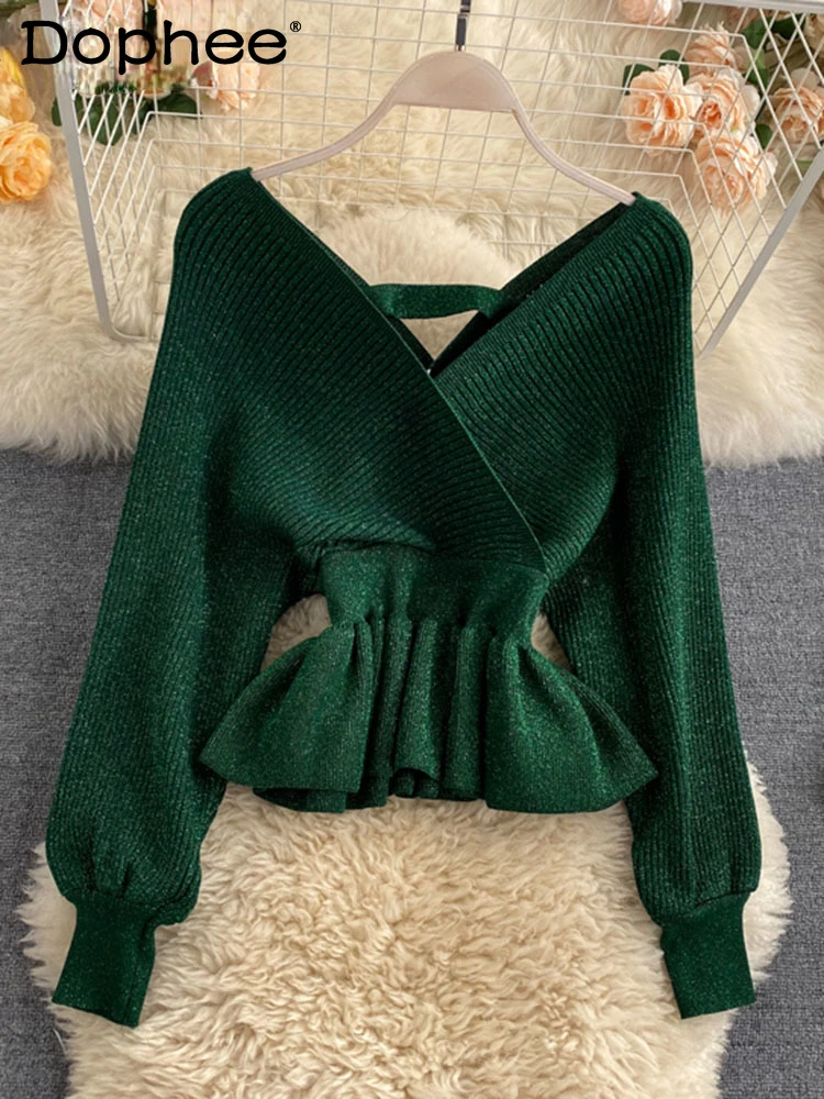 

Bling glittering Silk Knitted Top goddess temperament V-neck close waist thin lotus leaf sweater perfect for autumn