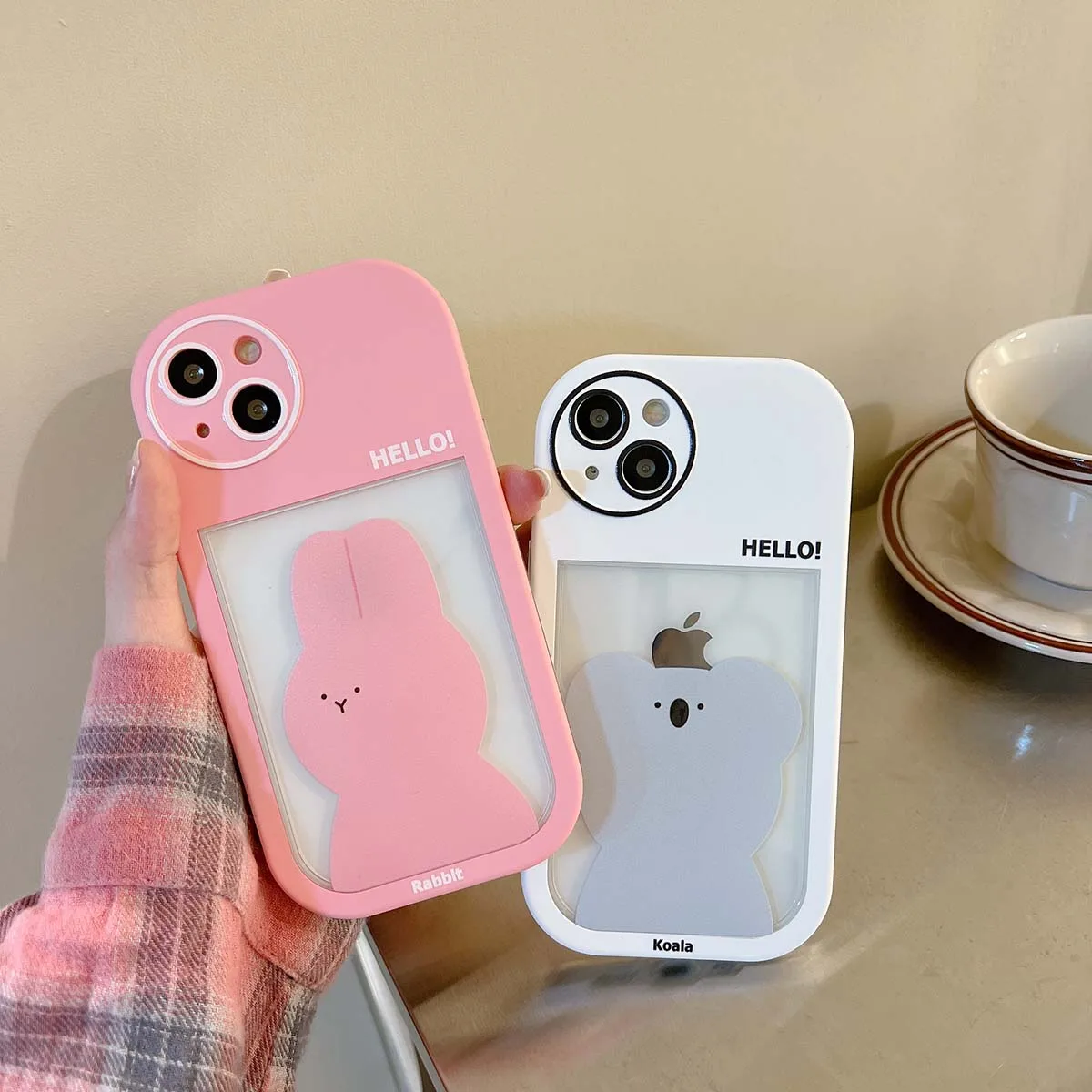 

Cartoon Cute Animal 2 in 1 Dual Layer Back Covers For iPhone 14 13 12 11 XS Pro Max Plus Can Put Photos Pink Rabbit Phone Case