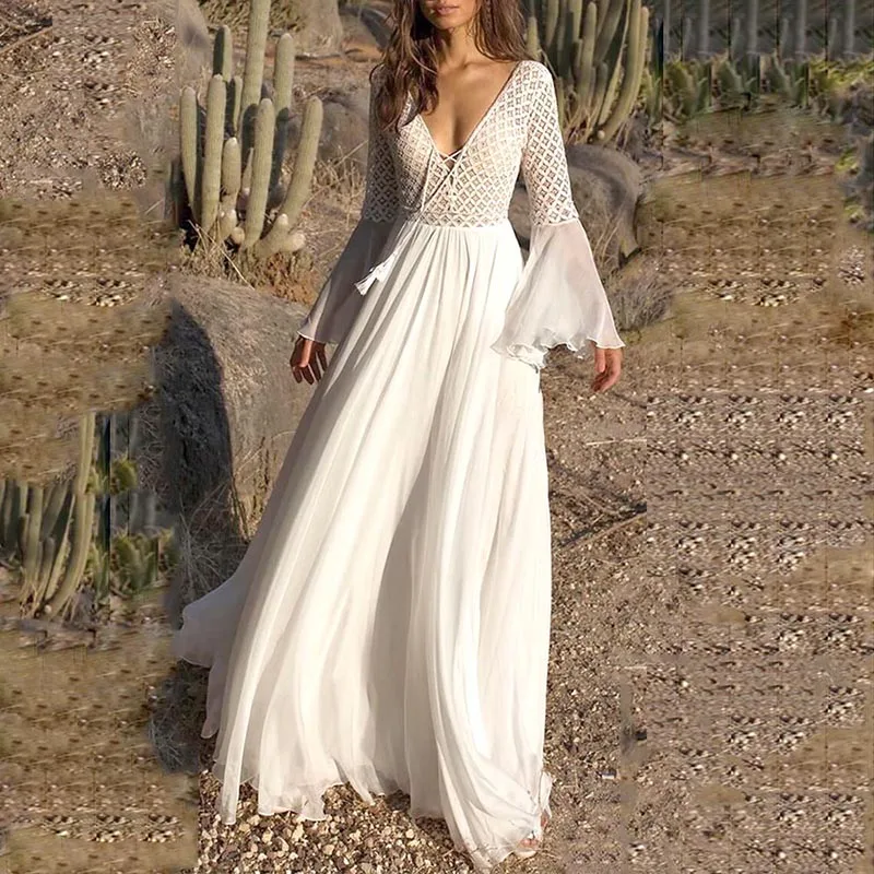 

Women Dress Long Flare Sleeve V Neck White Hollow Boho Lace Maxi Dress Holiday Chic Summer Female Dresses