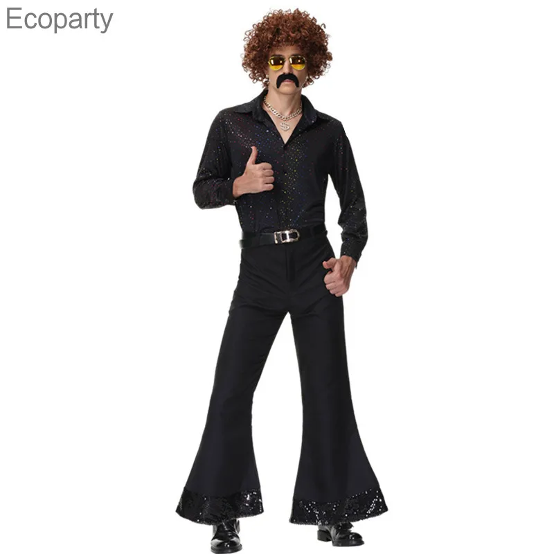 

Black Men Disco Outfits Adult 70s Retro Cosplay Nightclub Bar Singer Costumes Carnival Purim Parade Role Play Show Party Dress30