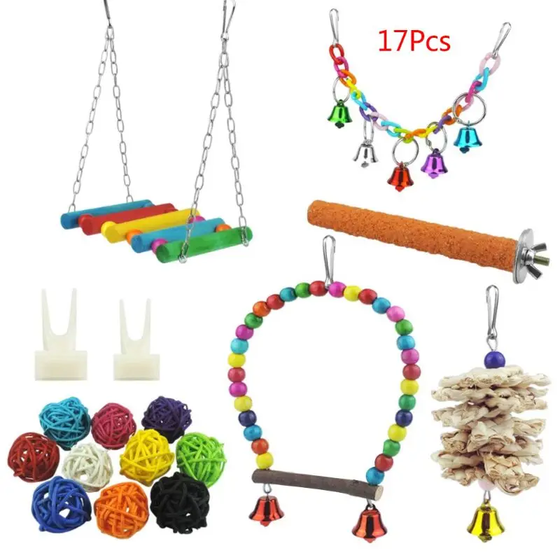 

17 Pcs/Set Birds Parrot Chewing Toys Hanging Swing with Bells Standing Perch for Love Birds Finches Parakeets Cockatiels