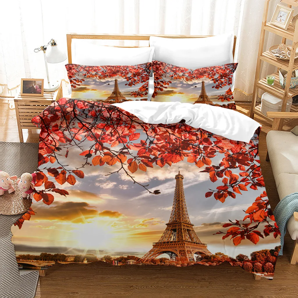 

Sunset Scenery Duvet Cover Set King/Queen Size Eiffel Landscape In Sunlight Polyester Quilt Cover for Teens Adults Tower Flower