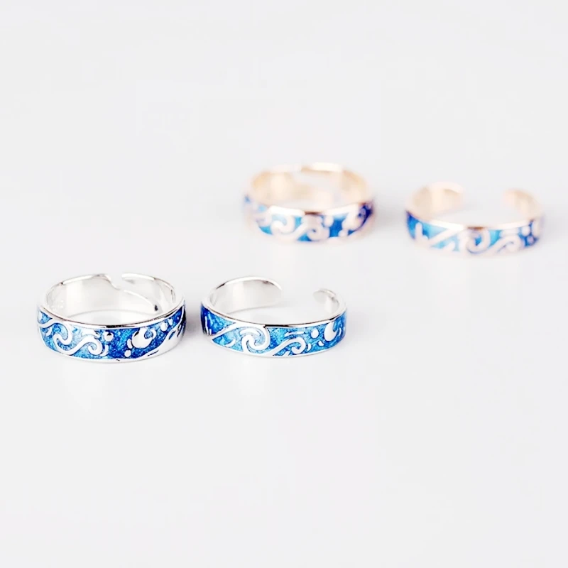 

Sole Memory New Van Gogh Starry Sky Couple Blue Drop Glaze Sweet Romantic Silver Color Female Opening Rings SRI276