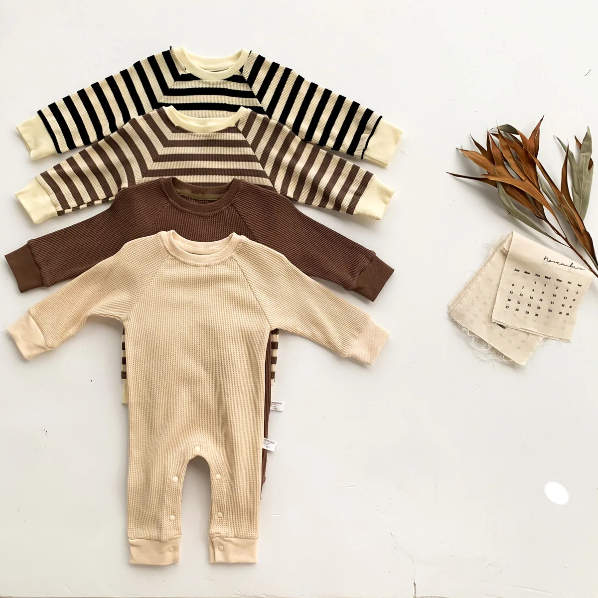 

Autumn New Style Baby Girls Long Sleeve Waffle Rompers Infant Boys Striped Casual Jumpsuit Kids One Piece Clothes For 0-2y