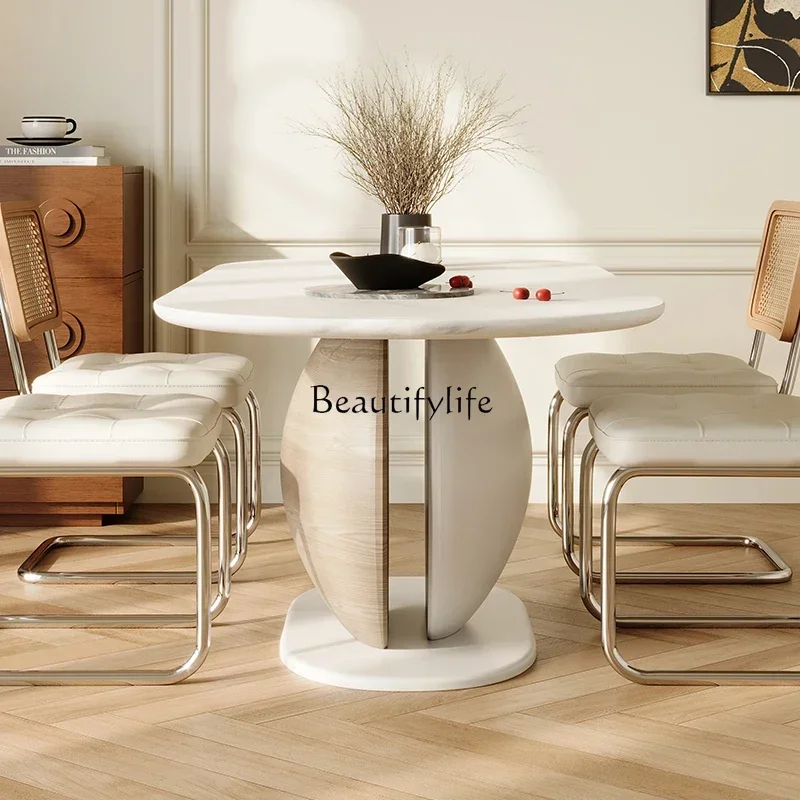 Обеденный стол и стулья из массива камня французский белый терраццо овальное