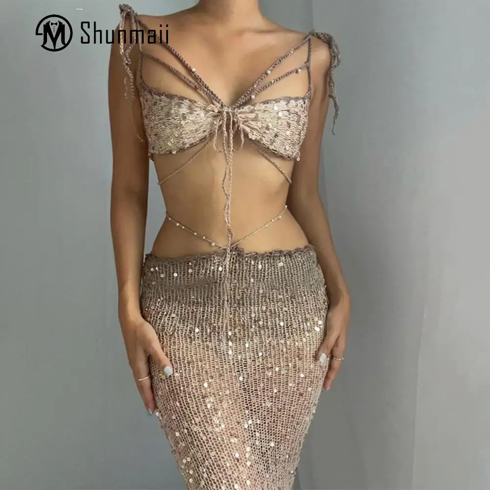 

Летний женский сексуальный однотонный топ с блестками и бисером, юбка с квадратным вырезом и открытой спиной, наряд для отпуска