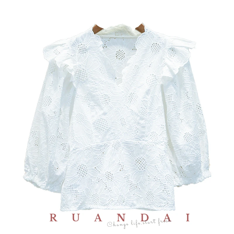 Cotton Bubble Long Sleeve for RUANDAI 2022 Summer New Crochet Hollow Embroidery Lace V-neck Shirt Female Free Shipping