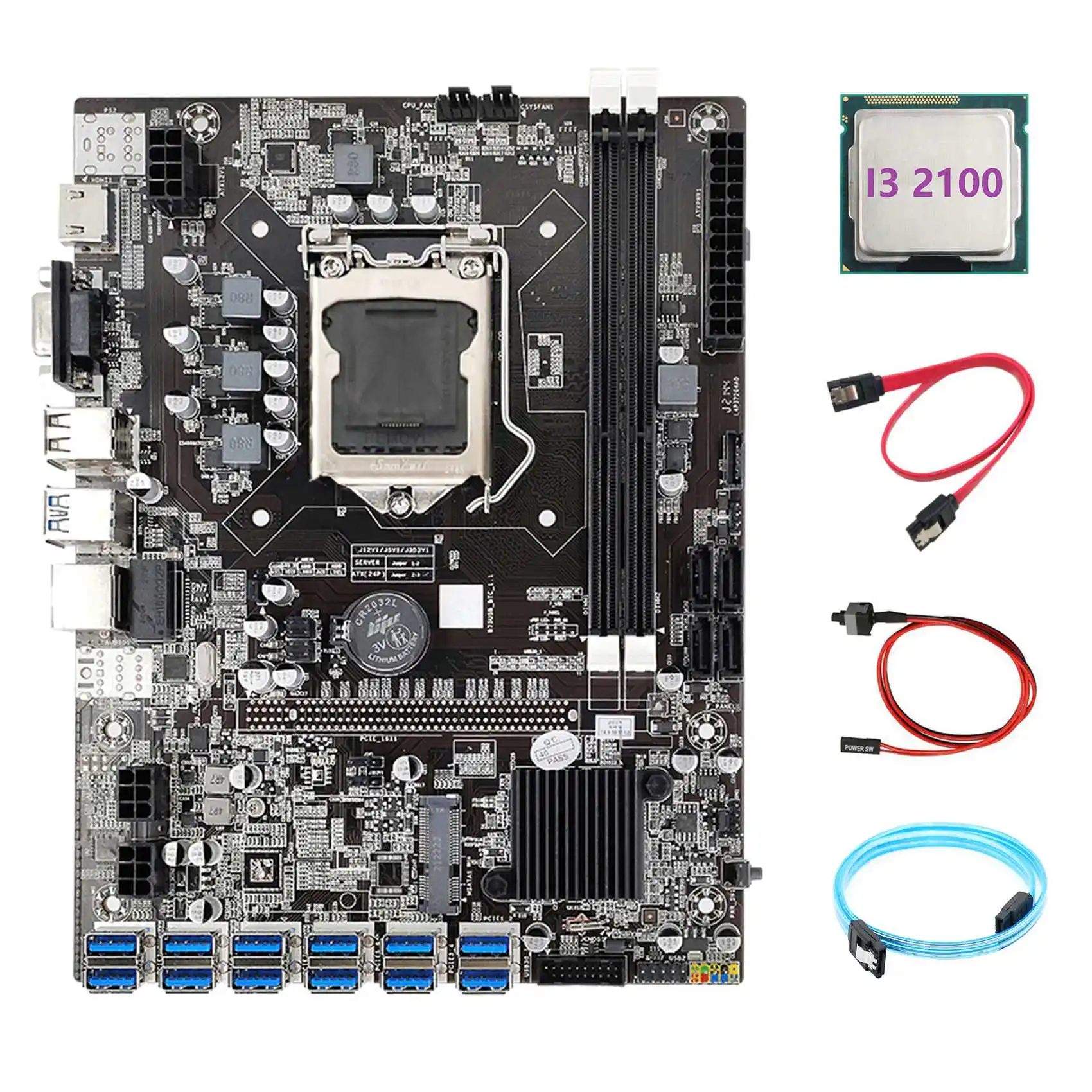 

B75 ETH Miner Motherboard 12 PCIE to USB+I3 2100 CPU+SATA3.0 Serial Port Cable+SATA Cable+Switch Cable Motherboard