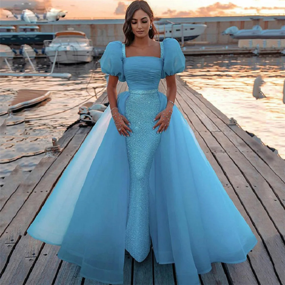 

2022 Blue Square Collar Mermaid Cocktail Dresses Puff Sleeve Sequin Evening Party Dress Floor Length Elegant Shiny Tulle Gowns