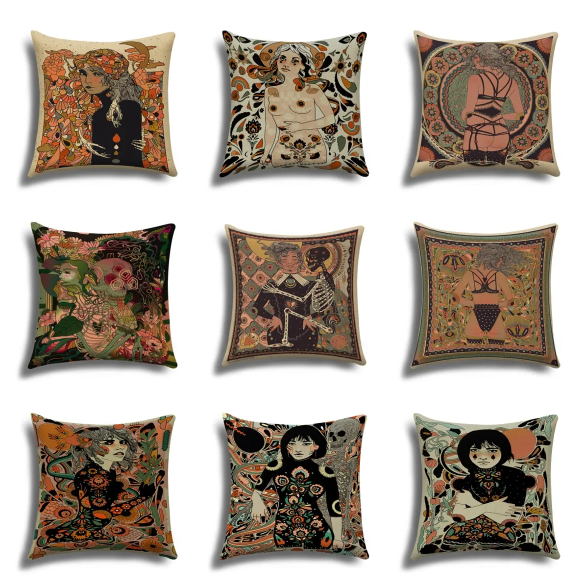 

Girl skull illustration cushion cover, linen pillowcase, Cushion cover 50x50, Sofa cushion cover, you can customize your pattern