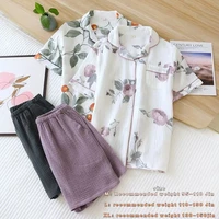 summer japanese pure cotton yarn double layer gauze lady sweat steaming clothes new thin short sleeve shorts women pajamas set