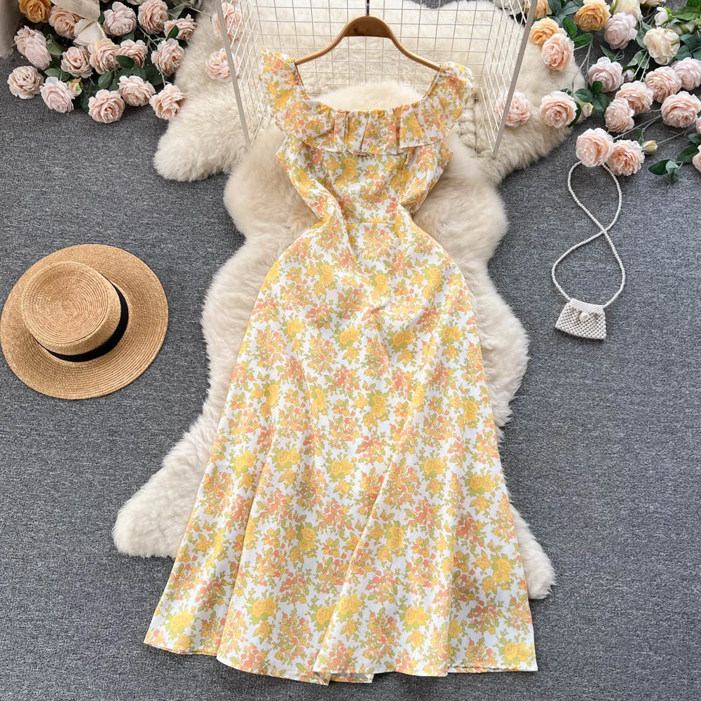 

Vintage Sweet Ruffle Sleeveless Dress Fairycroe A-line Chic Summer Korean Fashon Beach Vestidos Women Casual Vacation Sundress