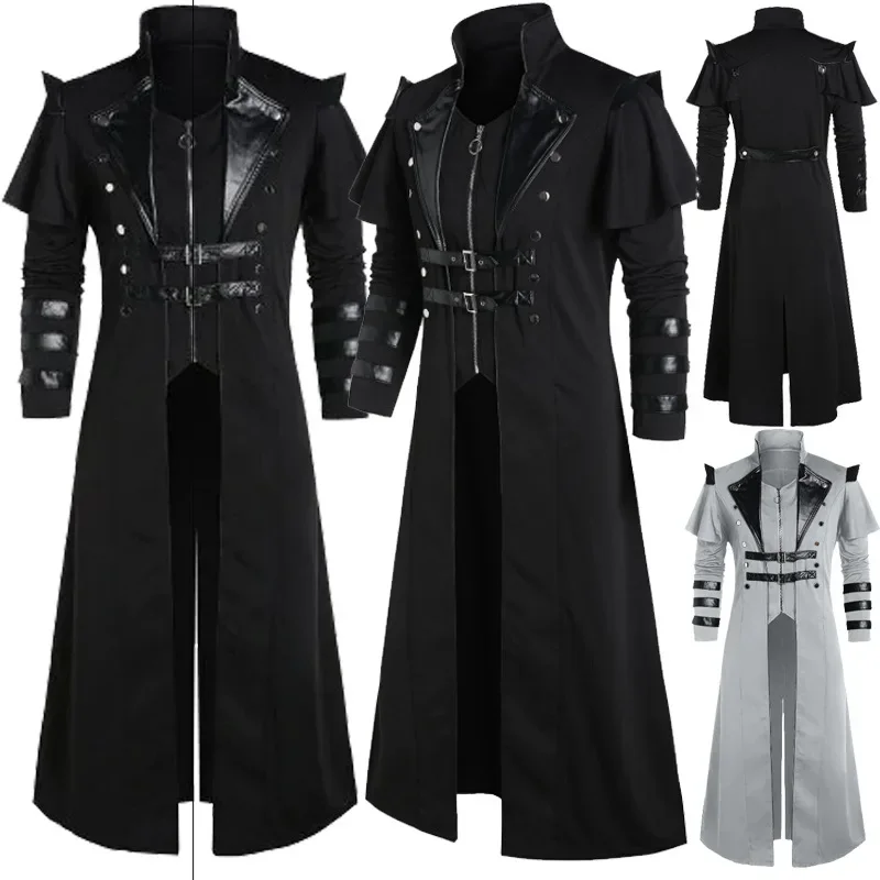 

Винтажный костюм на Хэллоуин в средневековом стимпанк, костюм убийц, эльфов, пиратов, мужской черный длинный пиджак с разрезом, готический армированный кожаный жакет
