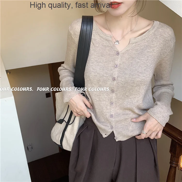 Autumn New Early Hong Kong Style Simple Solid Color Long Sleeve Knitted Cardigan Outer Wear Slim Fit Slimming Top Coat Women's
