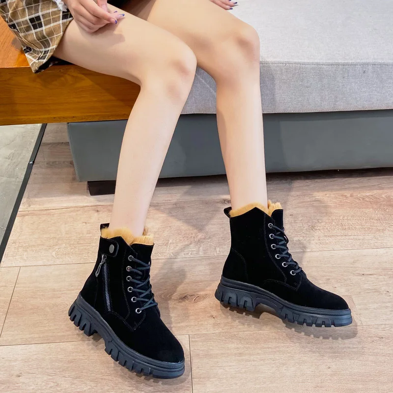 2022 Winter Shoes Women Suede Leather Boots Flat Non-slip Snow Boots Genuine Leather Warm Plush Women Ankle Botas Black New