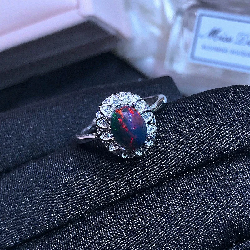 

100% Real 925 Silver Dyed Black Opal Ring 7mm*9mm Natural Opal Jewelry for Daily Wear 3 Layers 18K Gold Plating Gemstone Ring