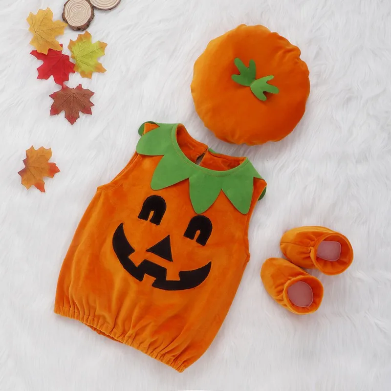 

Jlong Cute Halloween Sleeveless Bodysuit Costume Set 3 pcs Baby's Sets Baby Boys Girls Pumpkin + Hat + Shoes 0-24 Months