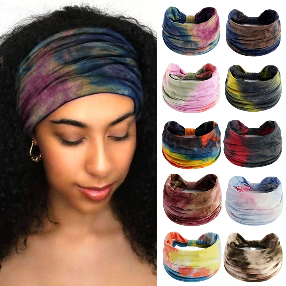 

2022 Tie Dye Wide Knotted Headbands for Women Vintage Turban Headwrap Girls Hair Bands Accessories Elastic Bandanas Headscarf