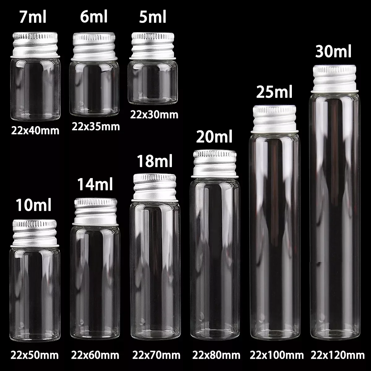 

pieces 5ml/6ml/7ml/10ml/14ml/18ml/20ml/25ml/30ml Glass Bottles with Aluminium Lids Small Mini Glass Jars 9 Sizes U-pick