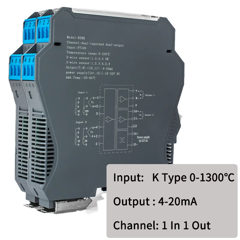 

DC24V 4-20mA 0-20mA 0-10V Датчик температуры типа K 1 в 1 выход 0-1300 ℃ Преобразователь датчика сигнала температуры термопары