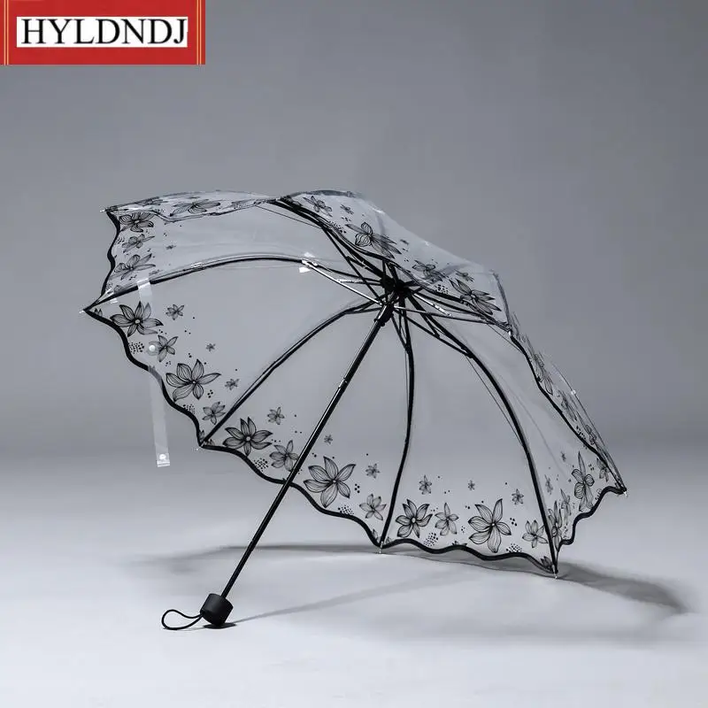 

Женский прозрачный зонт с цветочным принтом, утолщенный автоматический зонтик тройного сложения, пляжный, ручной, летний