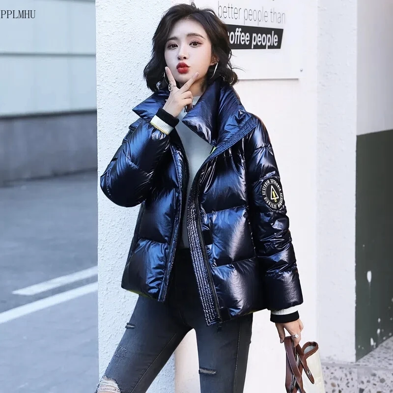 

New Korean Loose Warm Snowwear Coats Casual Windproof Puffy Jackets Winter Glossy Short Thicken Down Cotton Parkas For Women