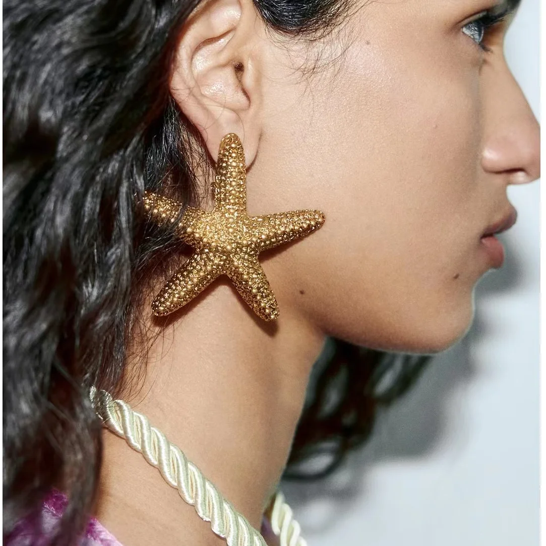 

2023 Trendy Summer New ZA Earrings Vintage Golden Starfish Earrings for Women Holiday Party Jewelry Accessories