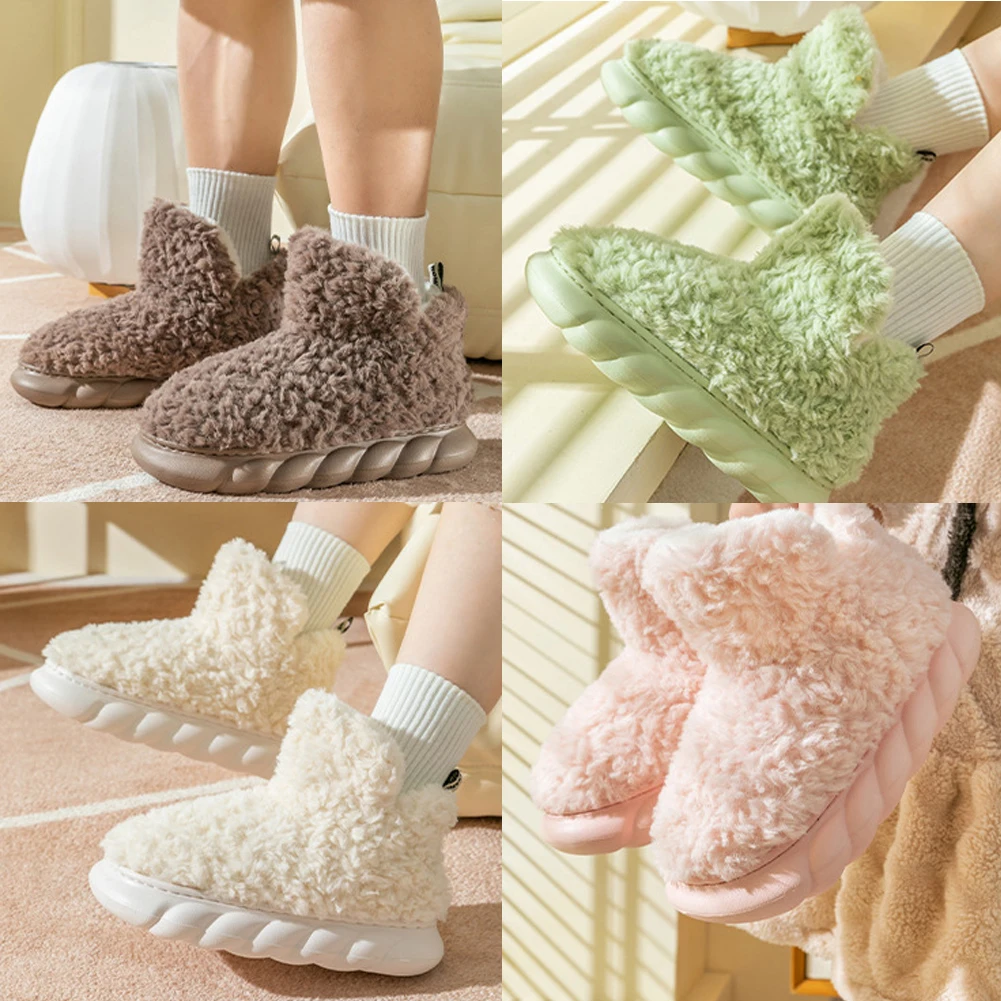 

Women Winter Soft Plush Fleeces Booties Slippers Non-Slip Ankle Booties Indoor Outdoor CosyFemale Warm Faux Fur Flats 2023 New