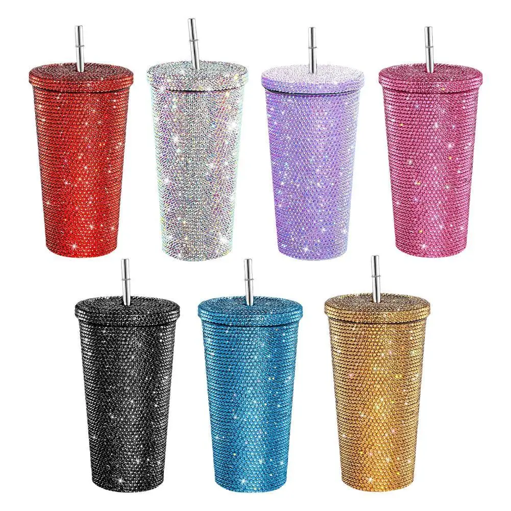 750ml Straw Cup With Lid Reusable Rhinestone Stainless Steel Double Layer Thermos Cups Women Glitter Cup Water Bottle Gift 2023