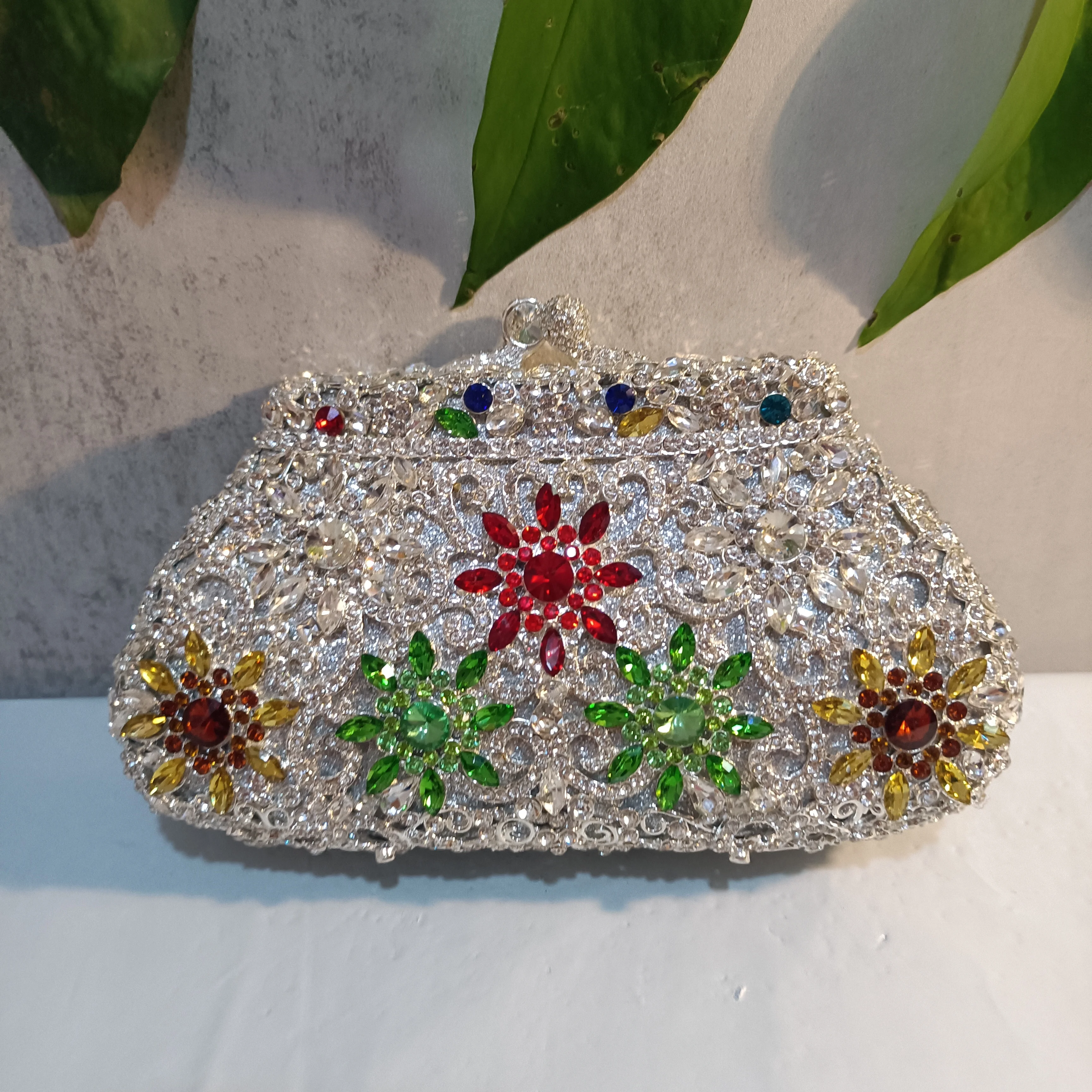 

Woman Silver Stones Colorful Flower Diamond Party Purse Dinner Banquet Cocktail Prom Handbag Wedding Bridal Crystal Evening Bag