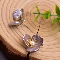 925 sterling silver fashion long tassel natural pearl stud earrings bead flower petal earring for women wedding original jewelry
