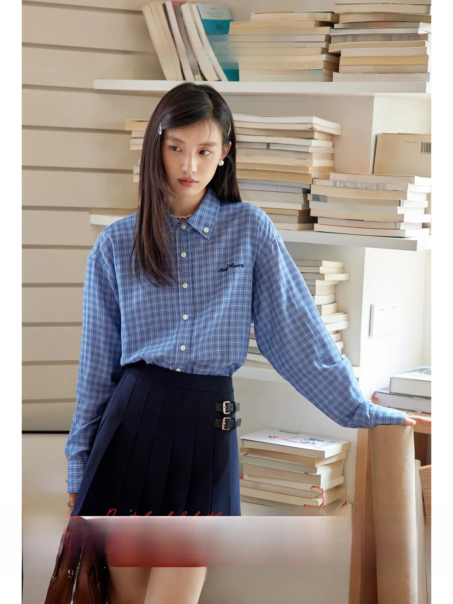 Orwhite lectual Sle Ретро Логотип Вышивка Синие клетчатые рубашки Женский клетчатый топ в