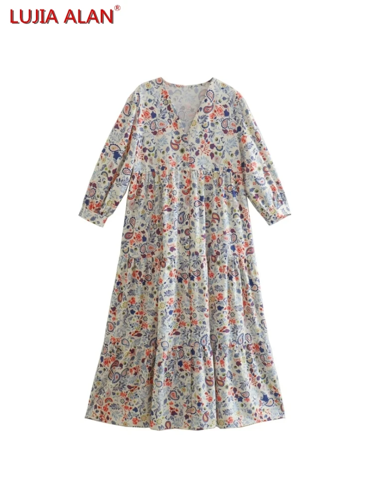 

Floral Print V-Neck Tiered Ruffle Women Dress Autumn Female Long Sleeve Casual Loose Streetwear Vestidos LUJIA ALAN WD606