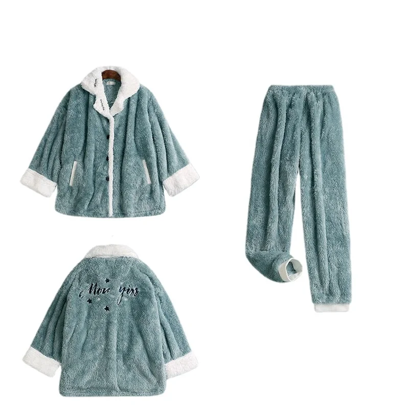 QWEEK Women's Winter Pajamas Green Gray Solid Color Coral Fleece Pijamas 2 Piece Set Home Suit Pyjamas Nightie Homewear Female