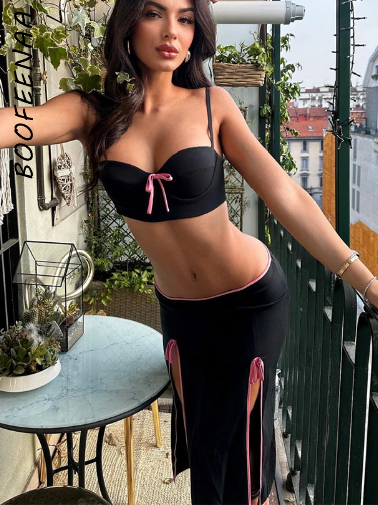 

BOOFEENAA Bow 2 Piece Crop Top Split Long Skirt Sets Sexy Summer Outfits for Women 2023 Trending Y2k Black Dress Suit C16-DC16