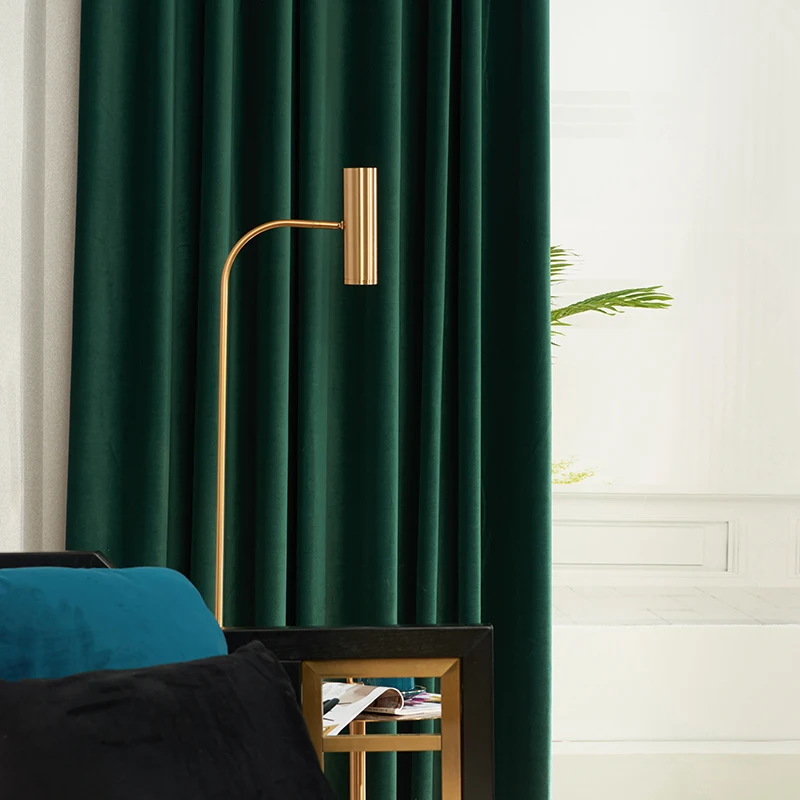 Luxury European Velvet Curtains Dark Green Window Curtain Solid Color Blackout Curtains for Bedroom and Living Room
