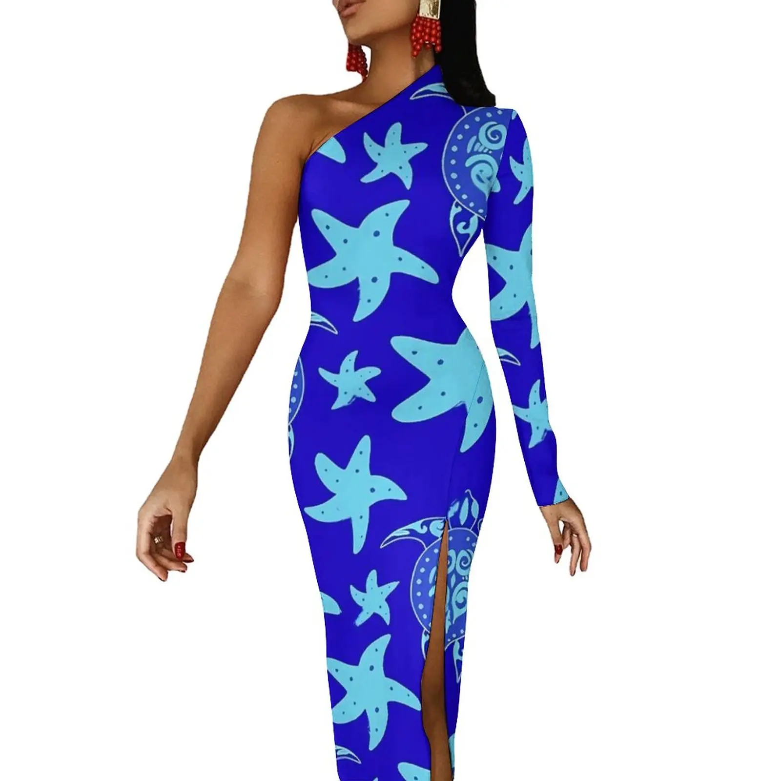 

Ocean Turtles Long Dress Female Starfish Print Aesthetic Maxi Dress Spring Night Club Bodycon Dresses Side Split Printed Clothes