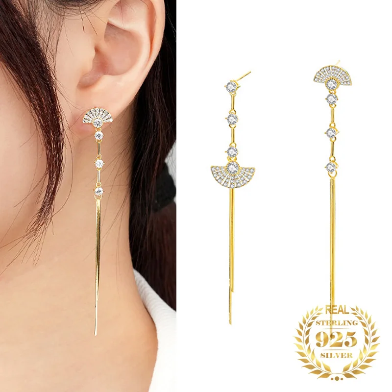 

Vintage Luxury Zircon Long Tassel Folding Fan Earrings Chinese Dangle Stud Earrings Drop Women Fashion Jewelry Silver 925
