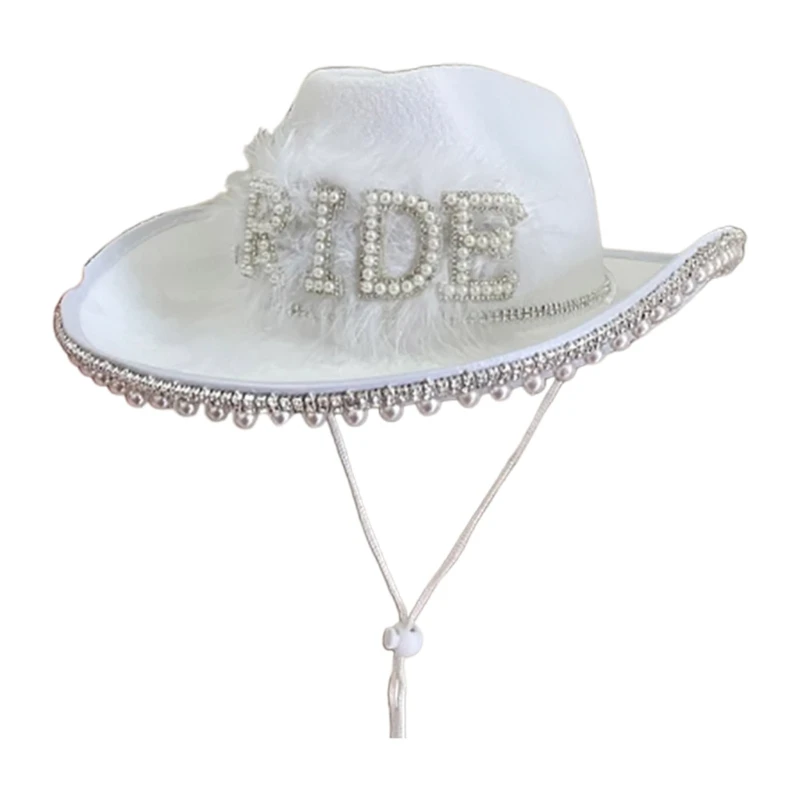 Shining BRIDE Letter Rhinestones Sun-Protection Party Jazz Hat Adjustment Rope Bride Cowboy Hat Top Hat with Large Brim
