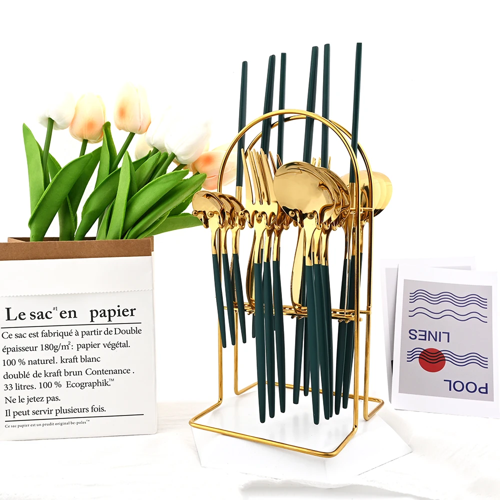 

Drmfiy 24 шт. столовые приборы из нержавеющей стали, зеленые столовые приборы, кухонные столовые приборы, роскошный стеллаж для хранения